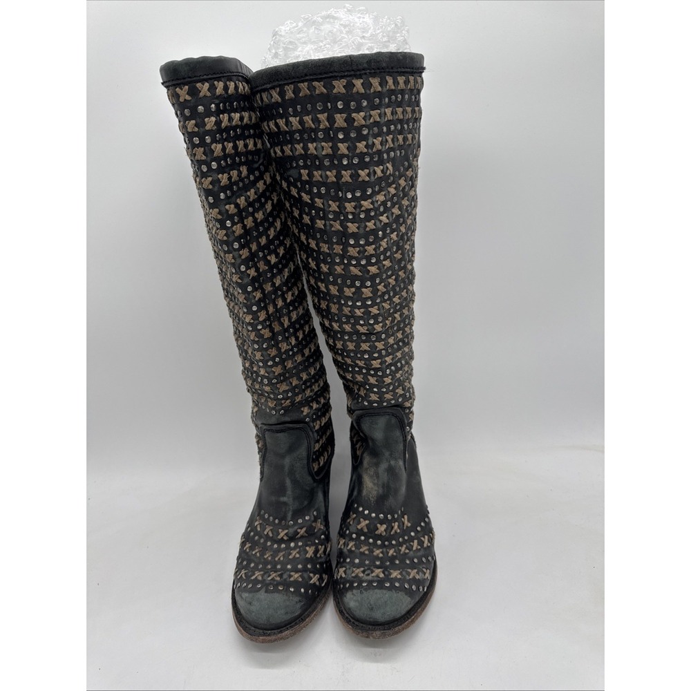 Liberty Black Studded Braided Leather‎ Boots Zip Back Distressed Gray Women's 7